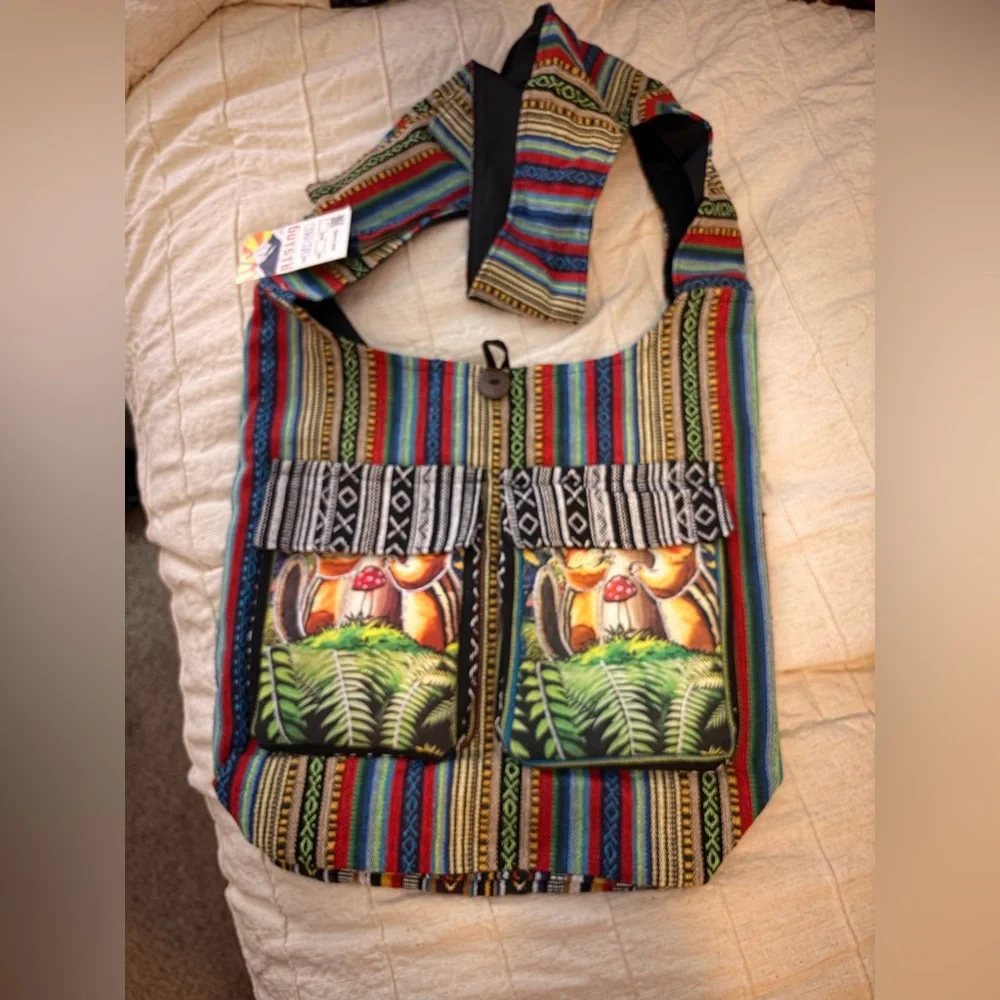 Bohemian Multicolor Striped Crossbody Bag with Front Pockets
